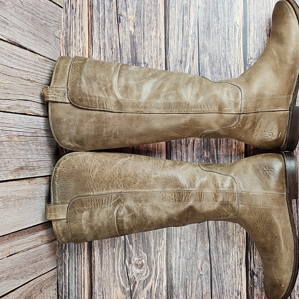 FRYE PAIGE TAUPE LEATHER TALL RIDING BOOTS - Picture 7 of 15